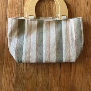 Neiman Marcus Tan and Green Striped Tote Bag with Bamboo Handles